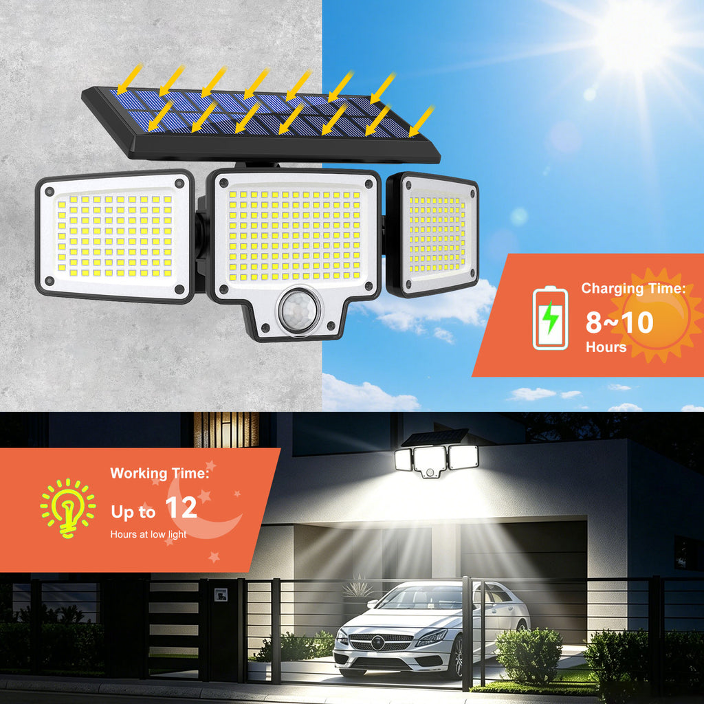 JumJam Security Lights Outdoor Motion Sensor, Solar Flood Lights Outdoor, 275 LED, 3 Adjustable Heads, Type-C Charging, Waterproof Wirless Solar Lights Outdooor Garden for Porch Driveway Patio