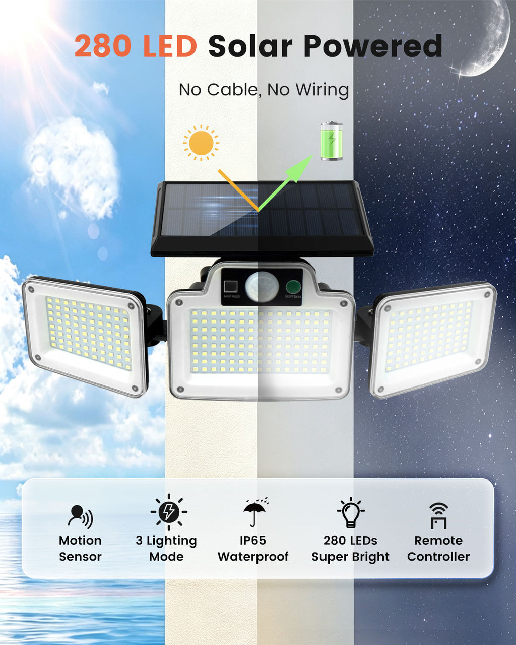 JumJam Solar Flood Lights, Security Lights Outdoor Motion Sensor for Garden, 280 LED, 3 Adjustable Heads Motion Sensor Light, Waterproof Wireless Solar Lights Outdoor Garden for Garage Driveway Patio