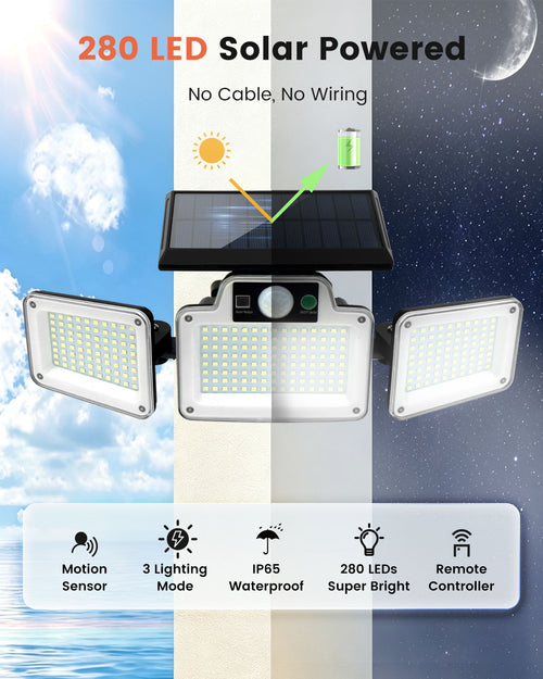 JumJam Solar Flood Lights, Security Lights Outdoor Motion Sensor for Garden, 280 LED, 3 Adjustable Heads Motion Sensor Light, Waterproof Wireless Solar Lights Outdoor Garden for Garage Driveway Patio